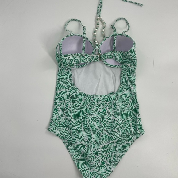 NWT GRACE + EMMA JUNGLE OASIS ONE PIECE SWIM green and white print pearls Med - Picture 7 of 13